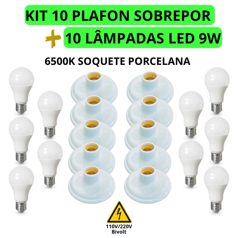 Kit 10 Plafon Plafonier Branco Bocal E27 + 10 Lâmpada Led 9w Branco Frio em Oferta na Shopee
