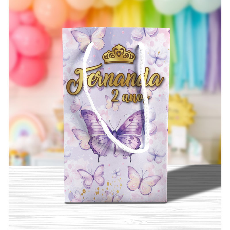 Sacolinha de Festa Borboleta Lilás Lembrancinha Personalizada Kit Festa Sacola Pé Jardim Encantado