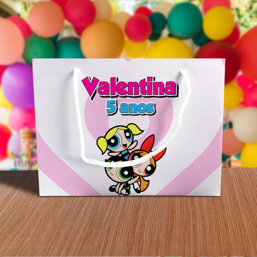 Sacolinha de Festa Meninas Superpoderosas Coração Lembrancinha Personalizada Kit Festa Sacola Deitada Reta