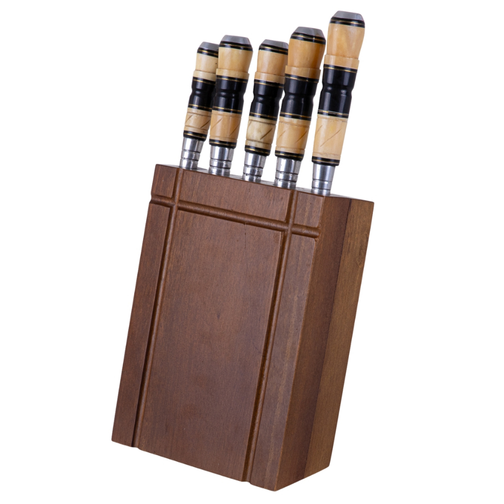 Kit Churrasco 5 Peças Facas Garfo E Chaira Em Aço Inox Com Suporte Cepo De Madeira Facas Gaúchas Artesanais
