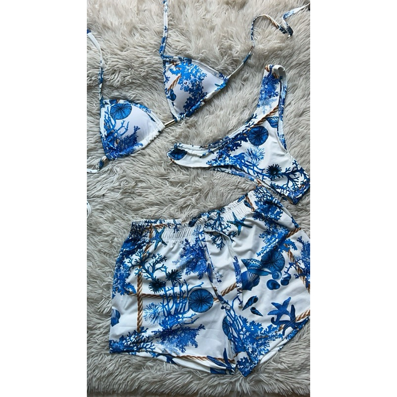 Kit Biquini 3 Peças Saida de Praia com Biquini Short Tecido Anarruga Cortininha Marquinha Verão Tendência 2025