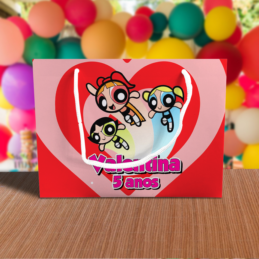 Sacolinha de Festa Meninas Superpoderosas Coração Lembrancinha Personalizada Kit Festa Sacola Deitada Reta