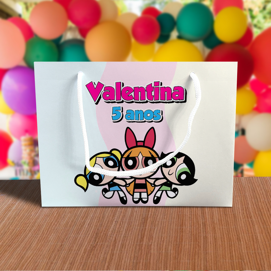 Sacolinha de Festa Meninas Superpoderosas Tricolor Lembrancinha Personalizada Kit Festa Sacola Deitada Reta