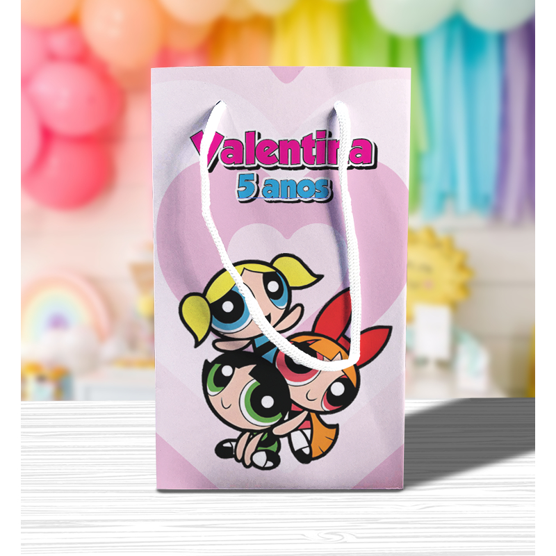 Sacolinha de Festa Meninas Superpoderosas Coração Lembrancinha Personalizada Kit Festa Sacola Pé