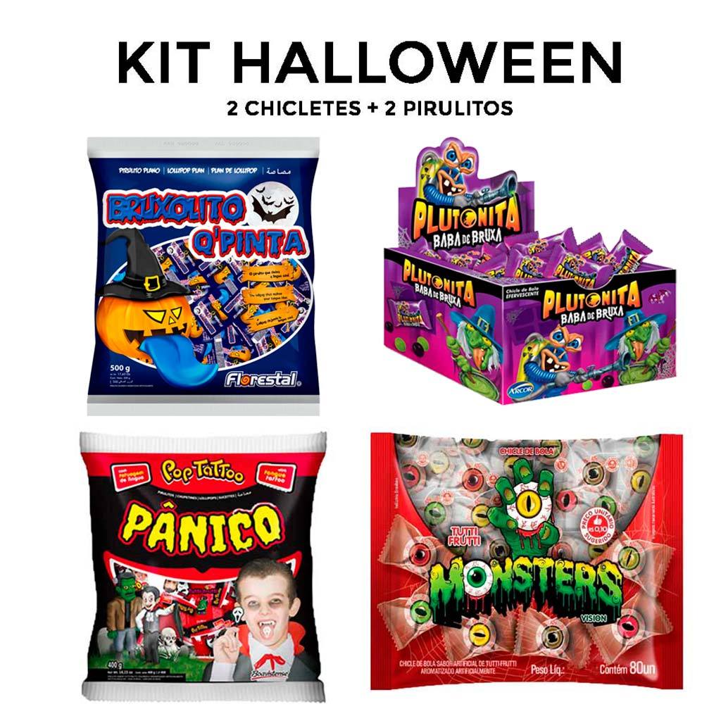 Kit Doces de Halloween Dia das Bruxas 2 Pirulitos Bruxolito e Panico e chicle monsters e Plutonita