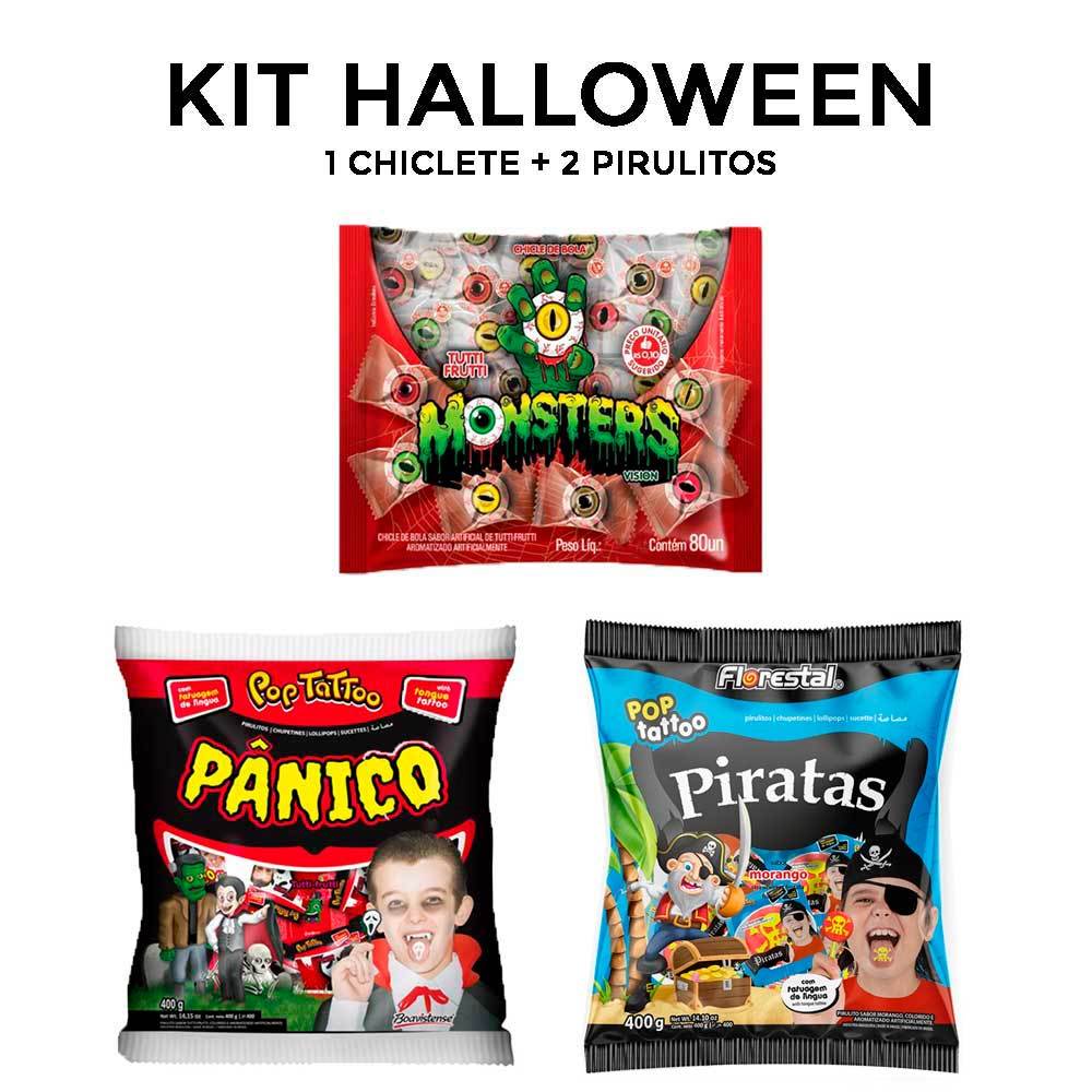 Kit Doces de Halloween Gostosuras Dia das Bruxas 1 Pirulito Pirata e 1 Pânico, 1 Chicle Olho Monsters