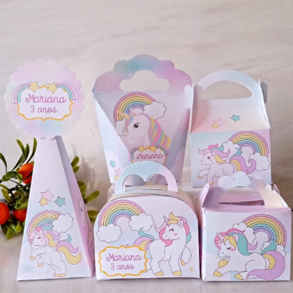 Kit festa Unicórnio Personalizada Lembrancinhas Caixinhas Decoração Mimos Aniversário Festa Infantil | Pegue e Monte