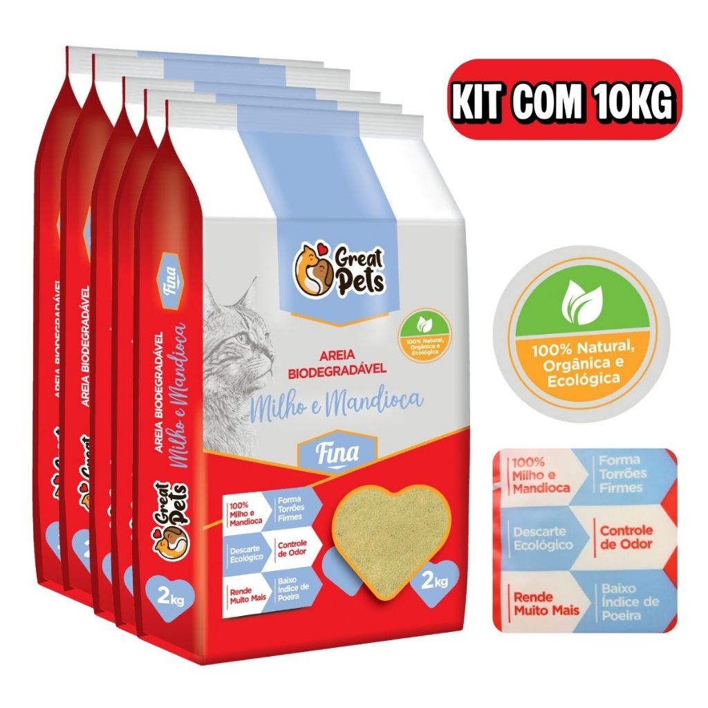 Kit 1/2/3/4/5 Areia Higiênica Gato Milho e Mandioca Biodegradável Grãos Finos Granulado Great Pets 2kg em Oferta na Shopee