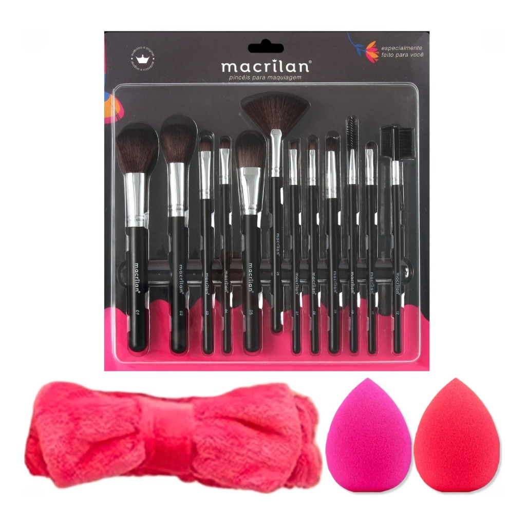 Kit 12 Pinceis Maquiagem Profissional Macrilan + 2 Esponjas de Maquia e 1 Tiara make up