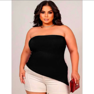 Blusa Femenina Plus Size Tomara q Caia Assimétrica Ribana Plus Size XG Com bojo removível blusinha lateral