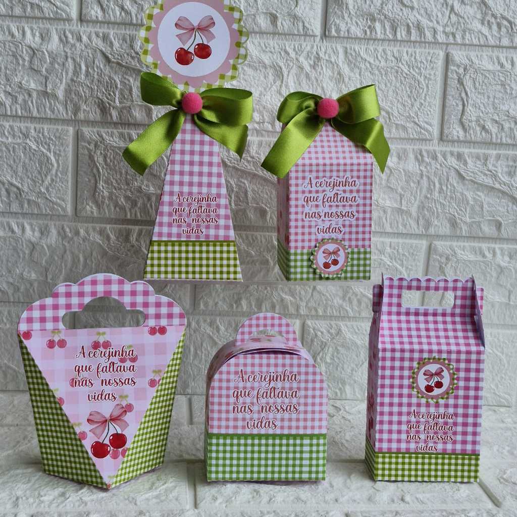 Kit Clássico Tema Cerejinha Rosa Caixinhas Personalizadas Lembrancinhas de Aniversário