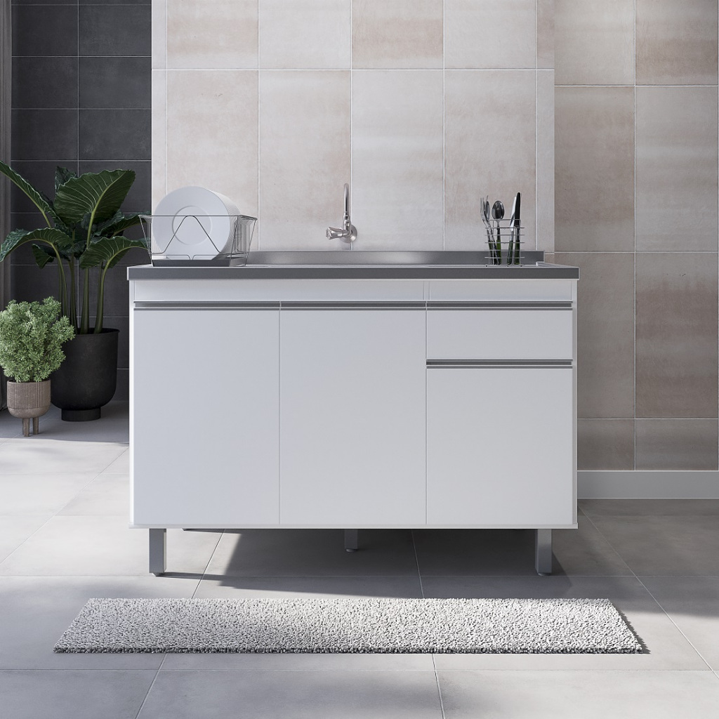 Balcão P/ Pia de Inox Pop 120cm Branco 3 Portas 1 Gaveta S/ Tampo em Oferta na Shopee