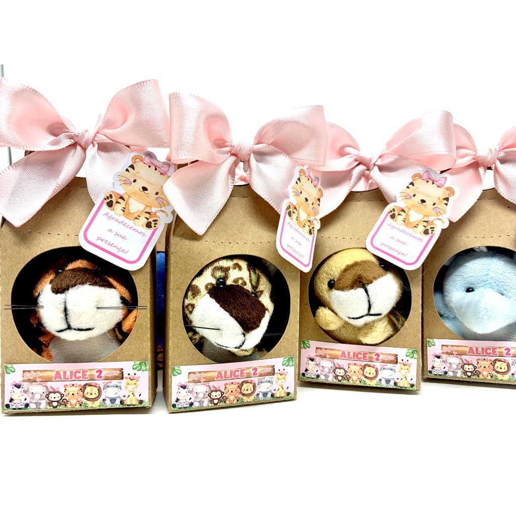 Lembrancinha Personalizada Safari Rosa Pelúcias Safari 6cm na Sacolinha com Laço e Tag 15 unidades