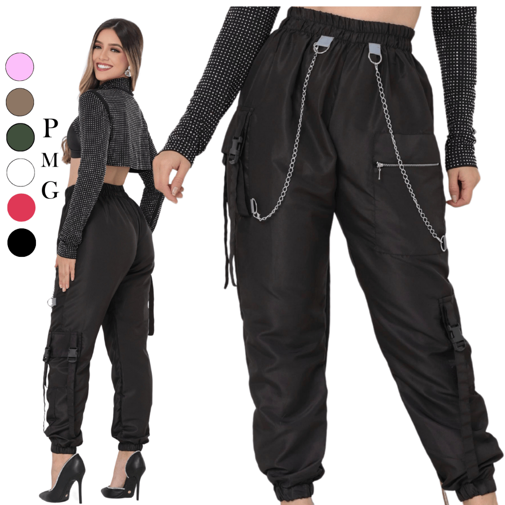 Calça jogger cargo com correntes Simples Poliéster Bolso Nó calça feminina Noite Feriado Diário viagem
