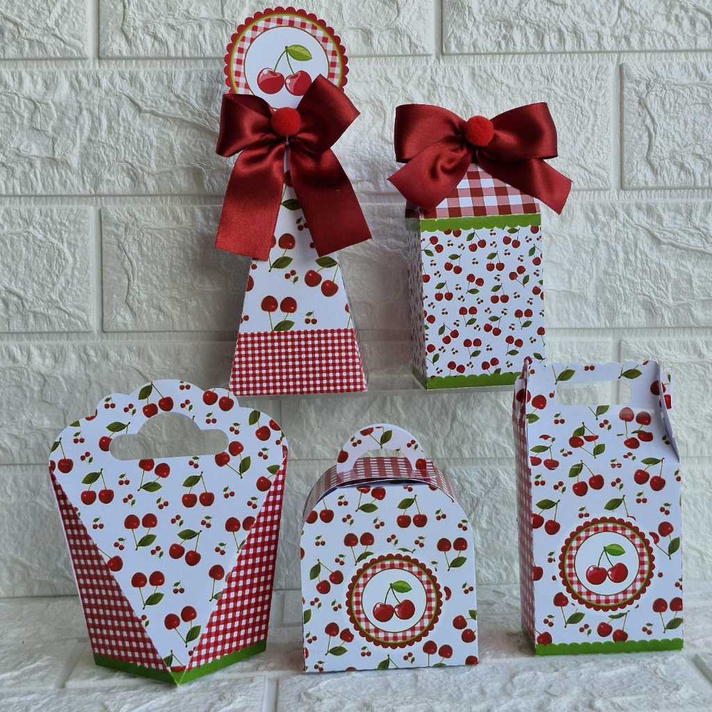 Kit Clássico Tema Cerejinha Vermelha Caixinhas Personalizadas Mimos de Aniversário Lembrancinha Surpresa