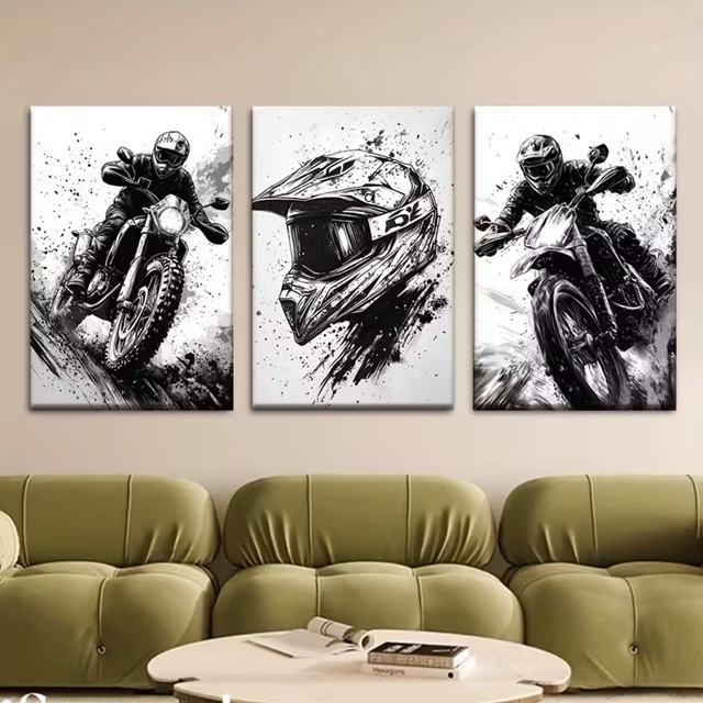 Quadro decorativo 3 peças 40x60 Motocross capacete preto e branco motoqueiro moto decoração para casa sala quarto em Oferta na Shopee