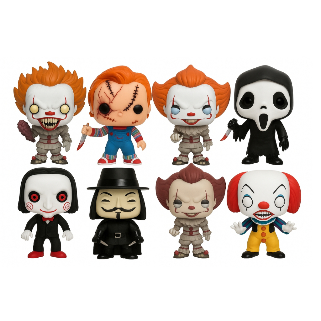 Bonecos Colecionáveis Filmes e Series de Terro - Chucky, Pennywise IT, Ghostface, Billy, Demogorgon, V de Vingança.
