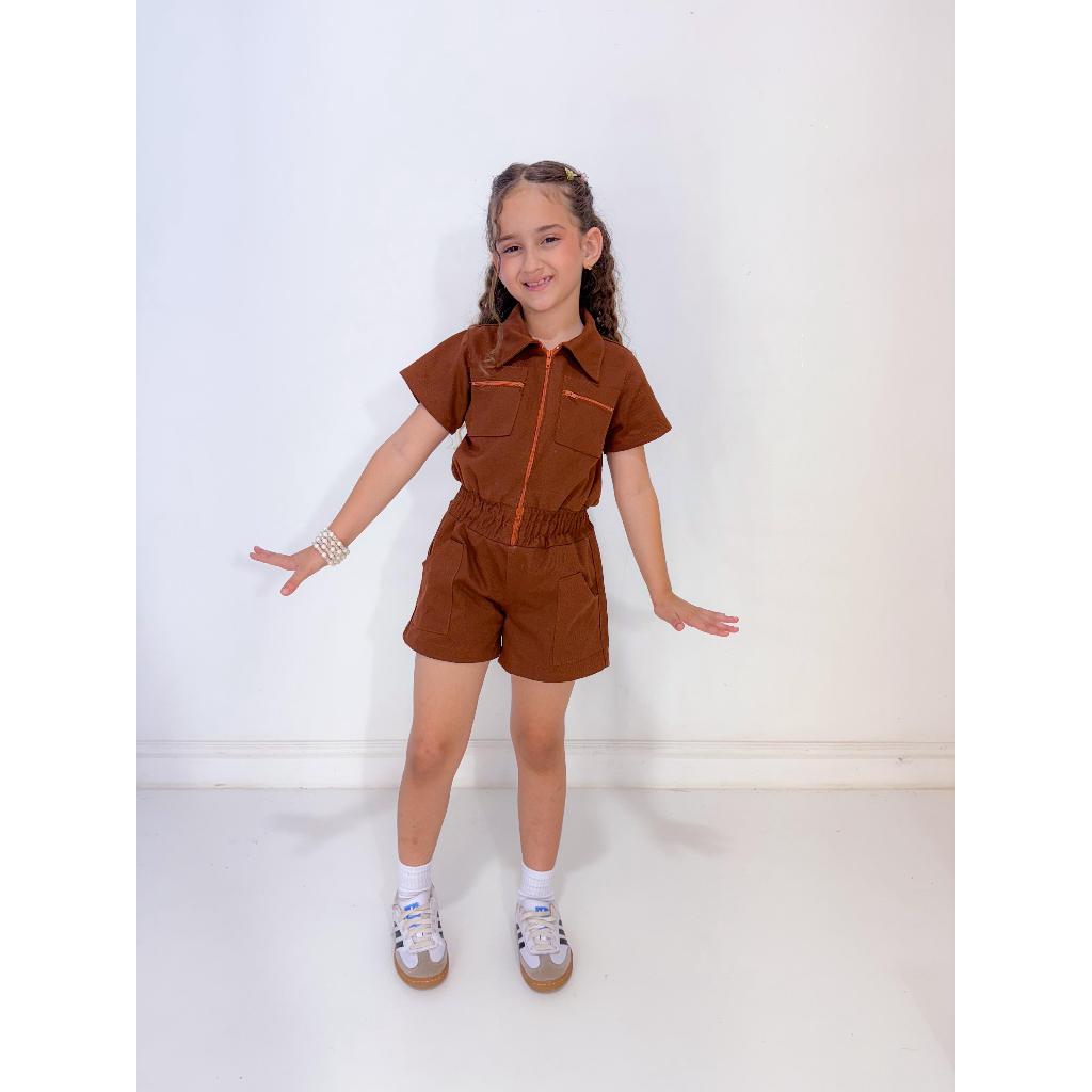 Macacão short ziper Infantil menina Marromfeminina  blogueirinha diva em Oferta na Shopee