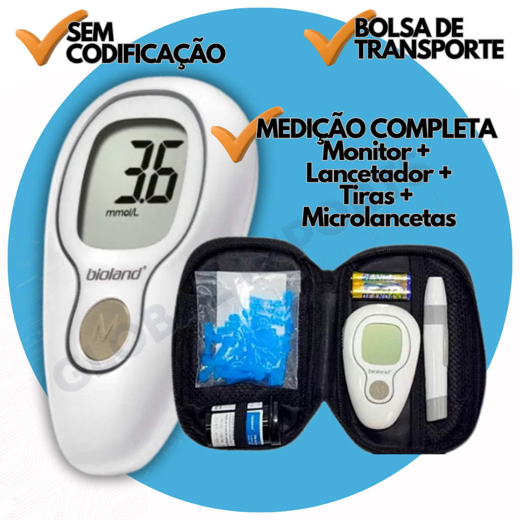 Medidor de Glicose Diabetes Fita Microlanceta Aparelho de Medir Bioland