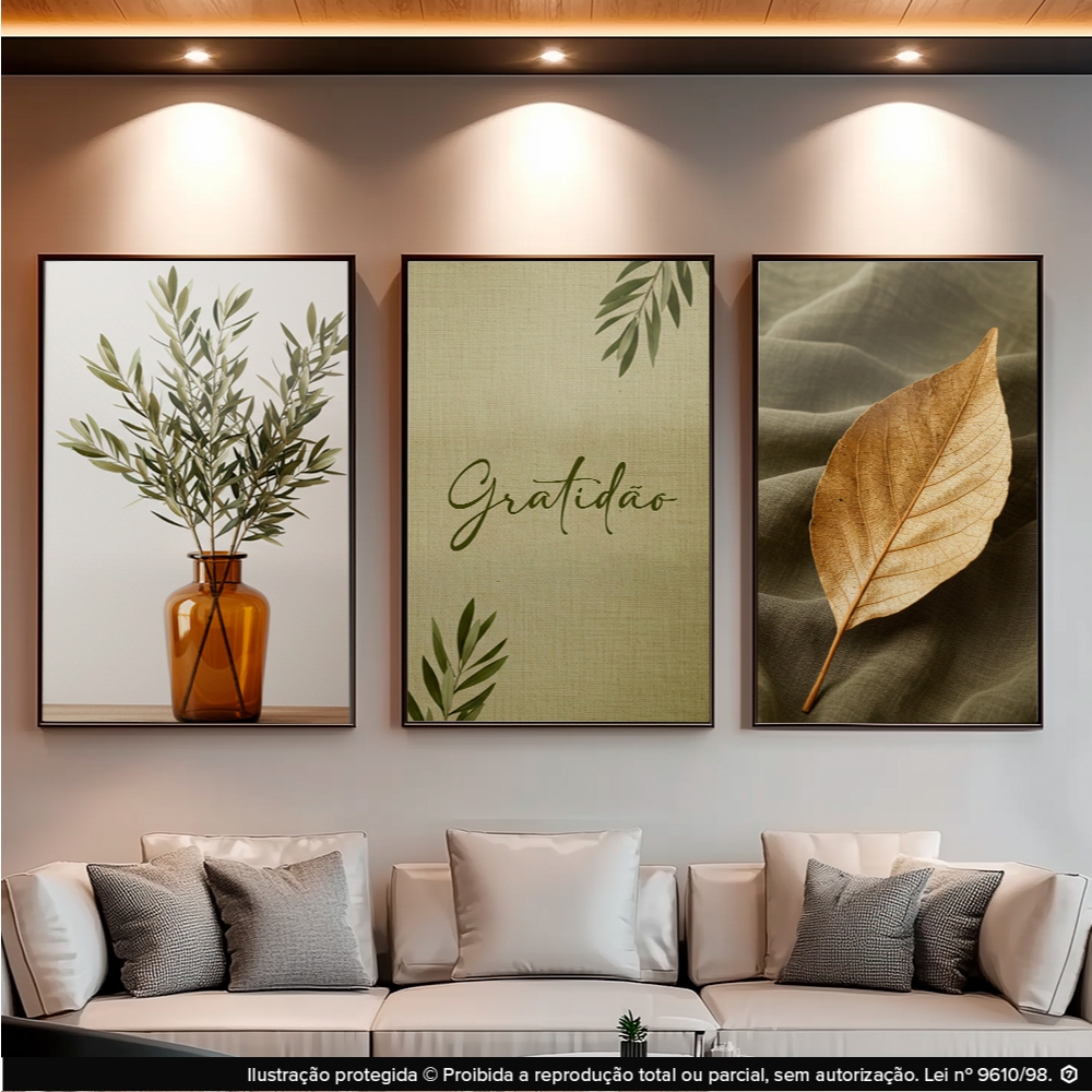 Kit 3 Peças Painel de Quadros Decorativos Gratidão Para Sala Vaso Folha Verde