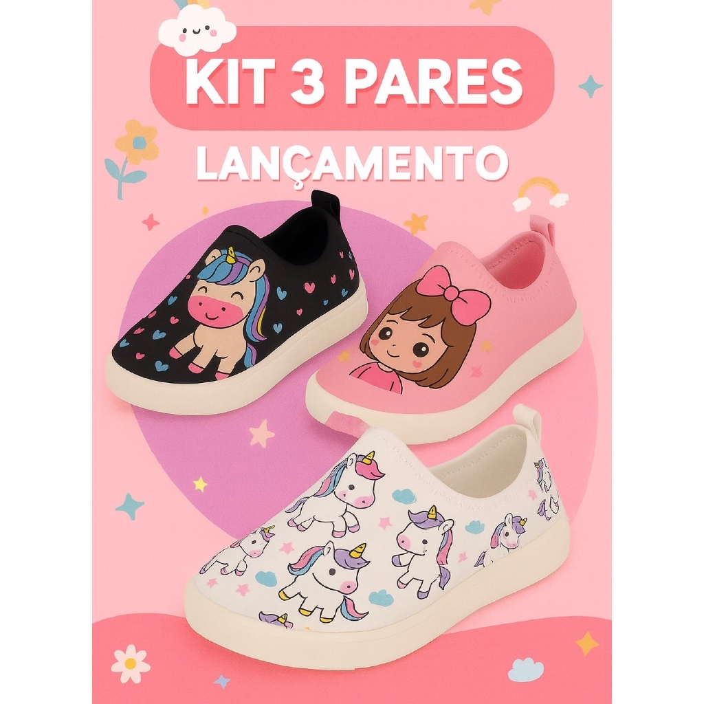 Kit 3 tênis Infantil menina Feminino Calce Fácil Bebê Criança Lançamento Promoção