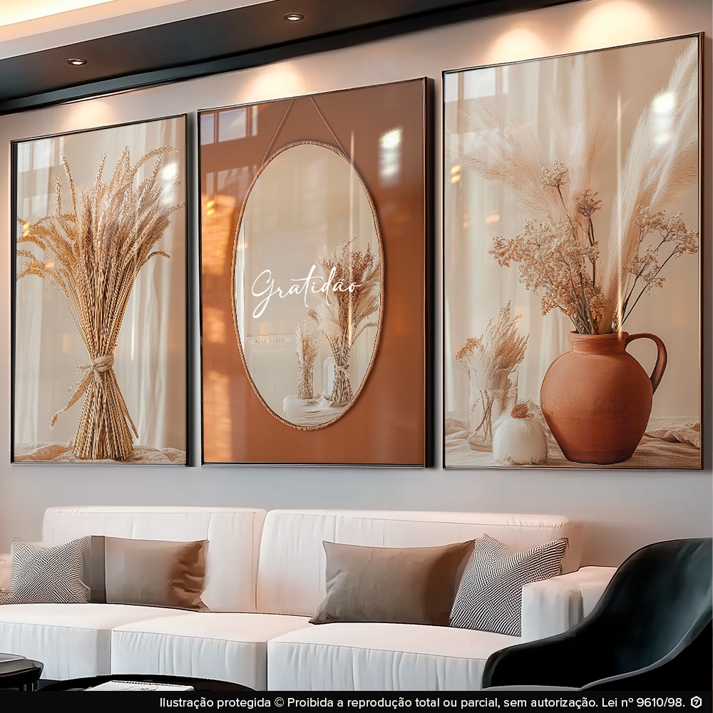Quadros Decorativos Boho Gratidão Espelho Trigo Jarro Marrom Sala