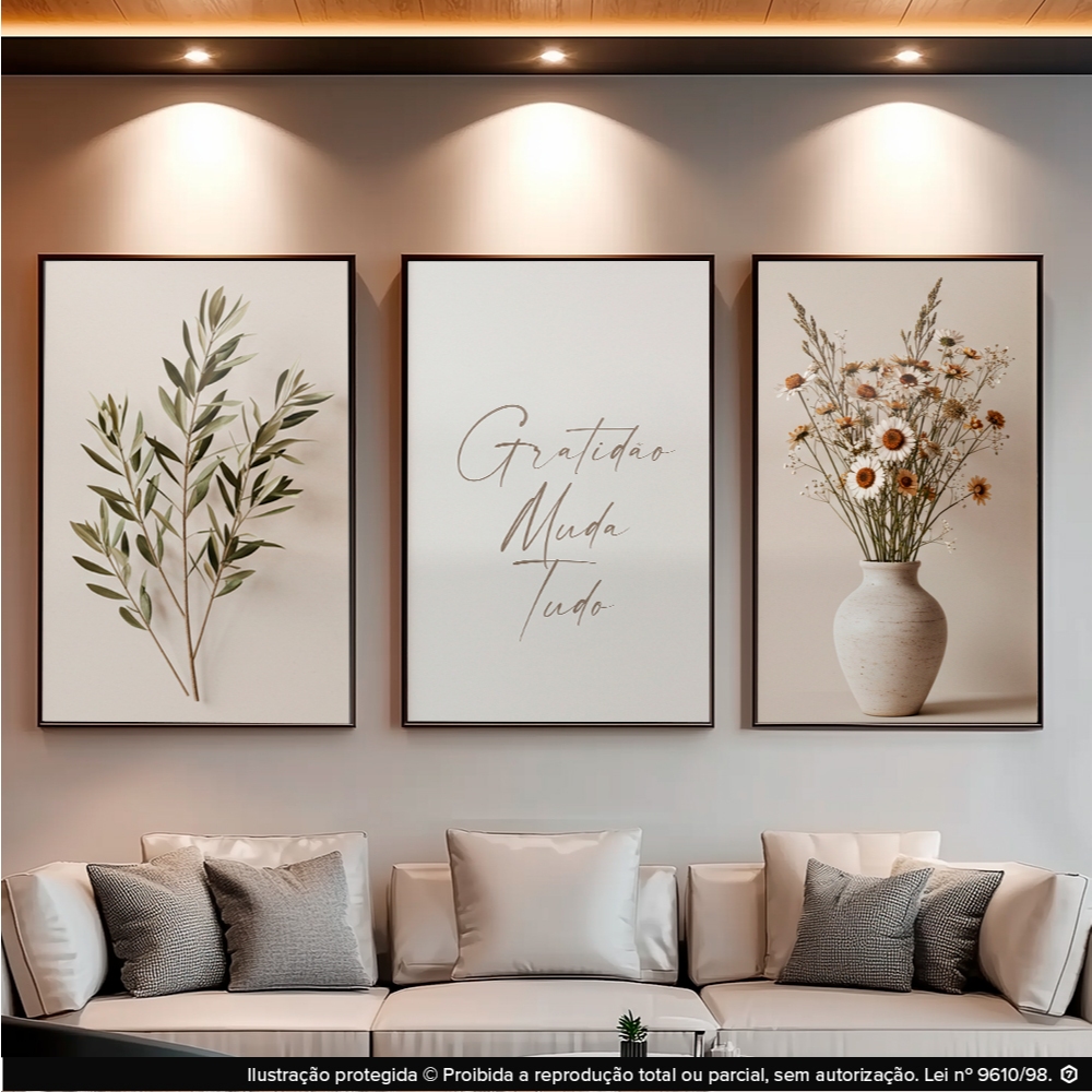 Quadros Decorativos Boho Gratidão Muda Tudo Sala Kit Vaso Flores Sala