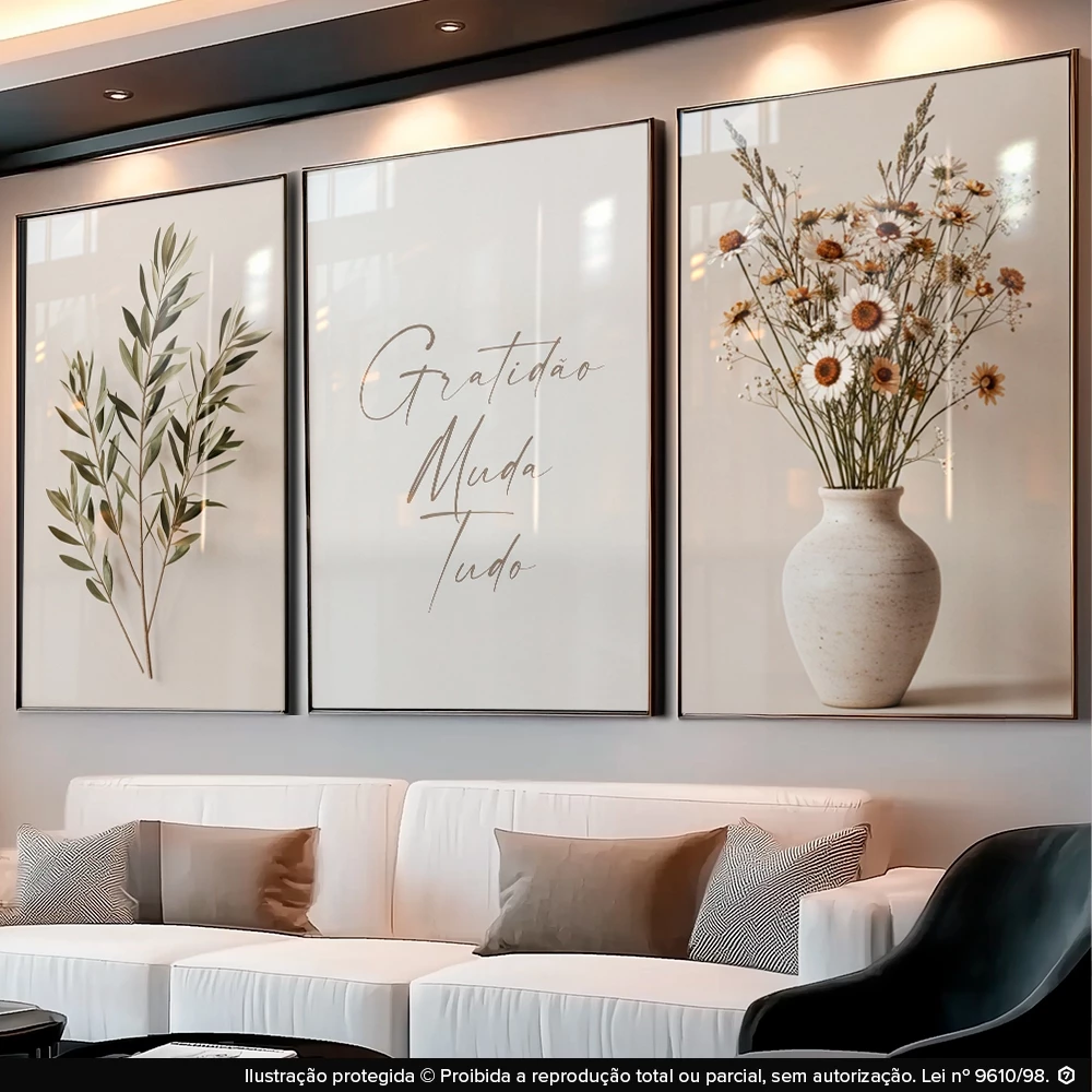 Quadros Decorativos Boho Gratidão Muda Tudo Sala Kit Vaso Flores Sala — imagem 1