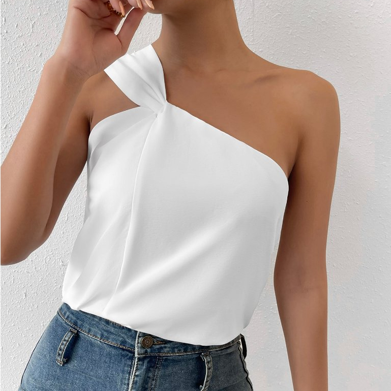 Blusa feminina sem mangas com decote sólido um ombro assimétrico e tecido trançado para us...