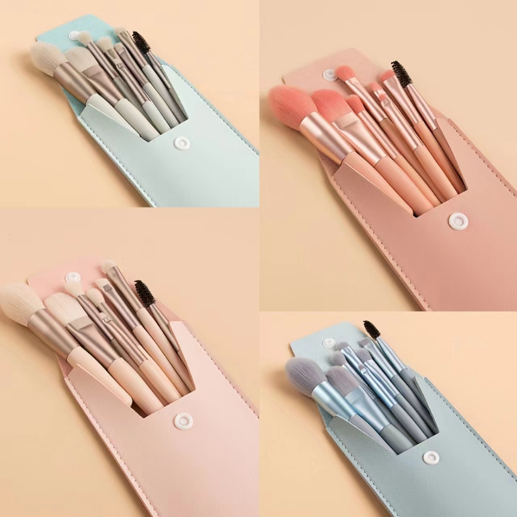 Conjunto De Mini Pincéis De Maquiagem De 8 Peças Com 4 Cores : Inclui Estojo De Viagem De Couro PU , Perfeito Para Belez