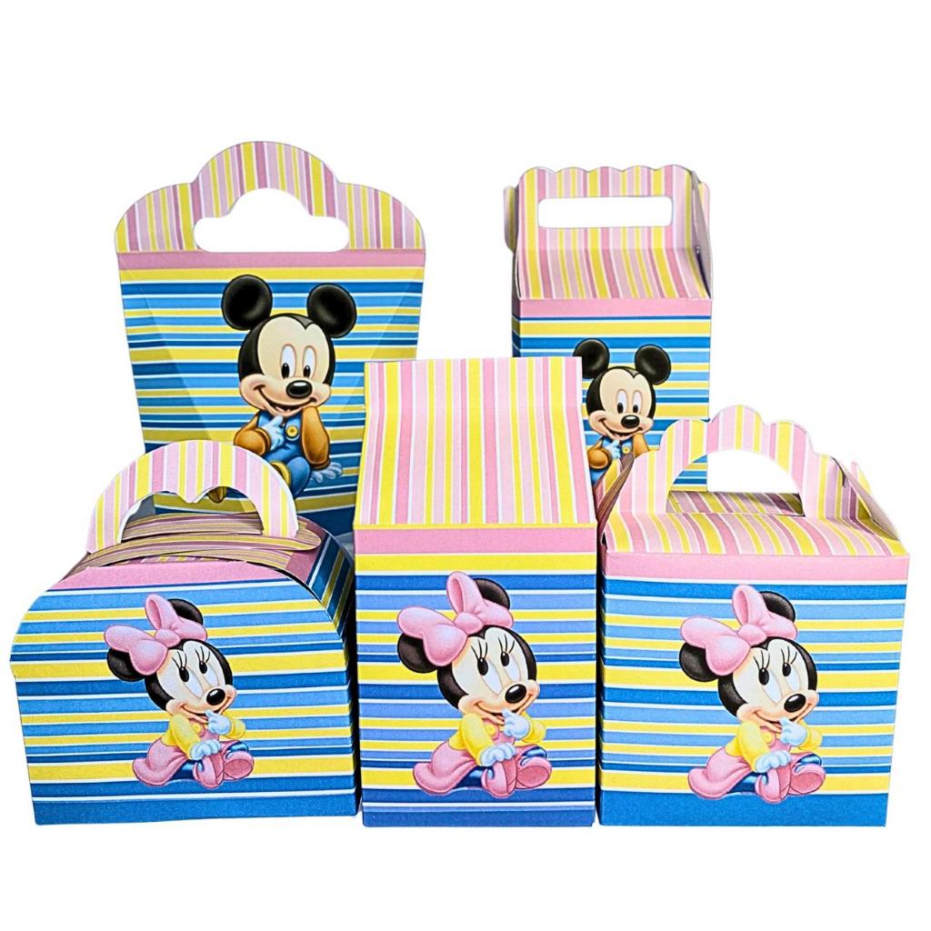 Kit Caixinhas Festa Mickey e Minnie Baby Lembrancinha Tema Mickey e Minnie Baby Infantil Cha Revelação Pegue e Monte