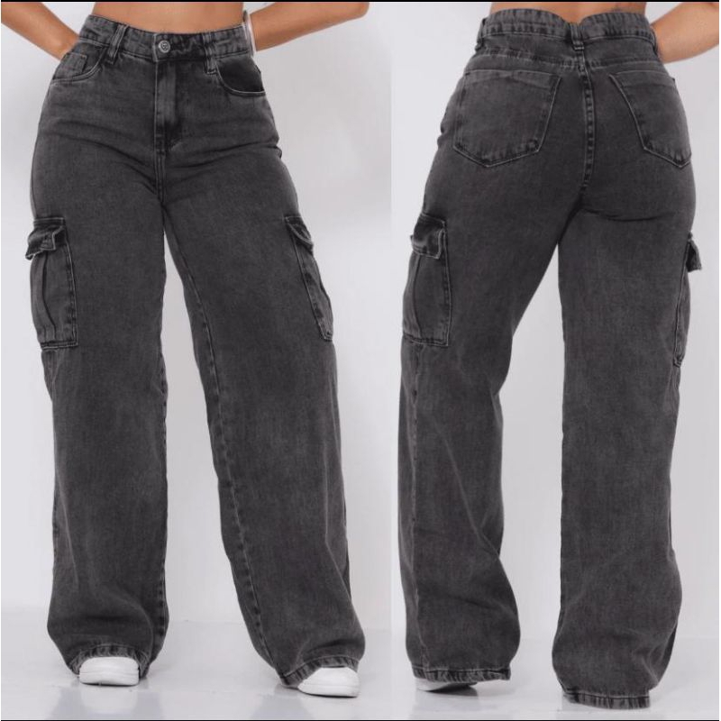 Wide Leg Cargo Jeans Grafite Marmorizado em Oferta na Shopee