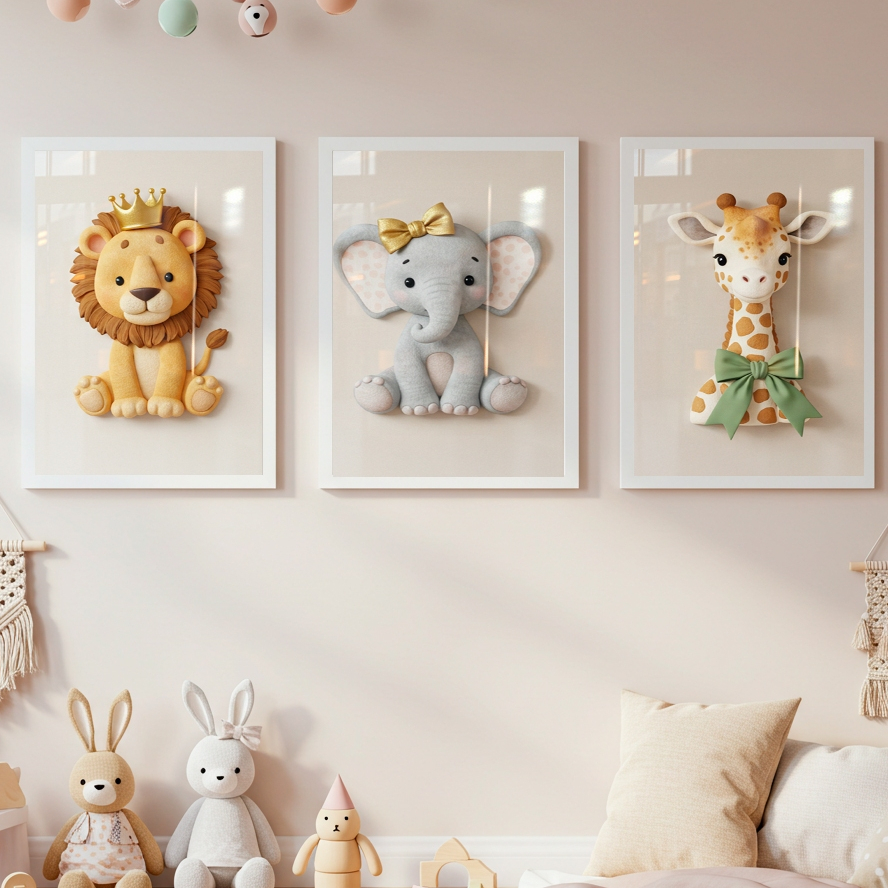 Kit 3 Peças Quadros Infantil Bebê Safari Elefantinho Leãozinho Girafinha Fofos Quarto