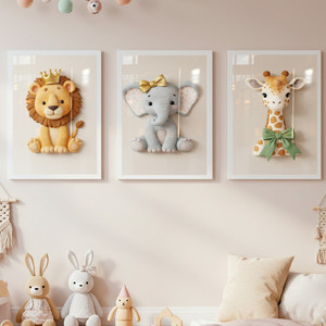 Kit 3 Peças Quadros Infantil Bebê Safari Elefantinho Leãozinho Girafinha Fofos Quarto