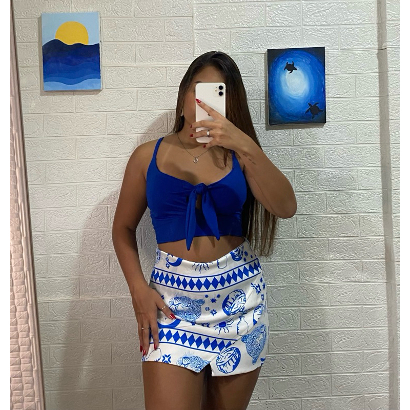 Conjunto Feminino Verão – Top Cropped com Amarração + Saia Short Estampada Casual Praia em Oferta na Shopee