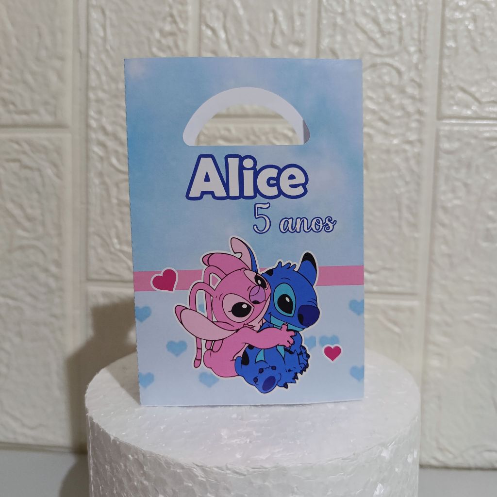 Sacolinha Personalizada Stitch e Angel Para Lembrancinha - Tamanho P / Sacolinha Para Festas