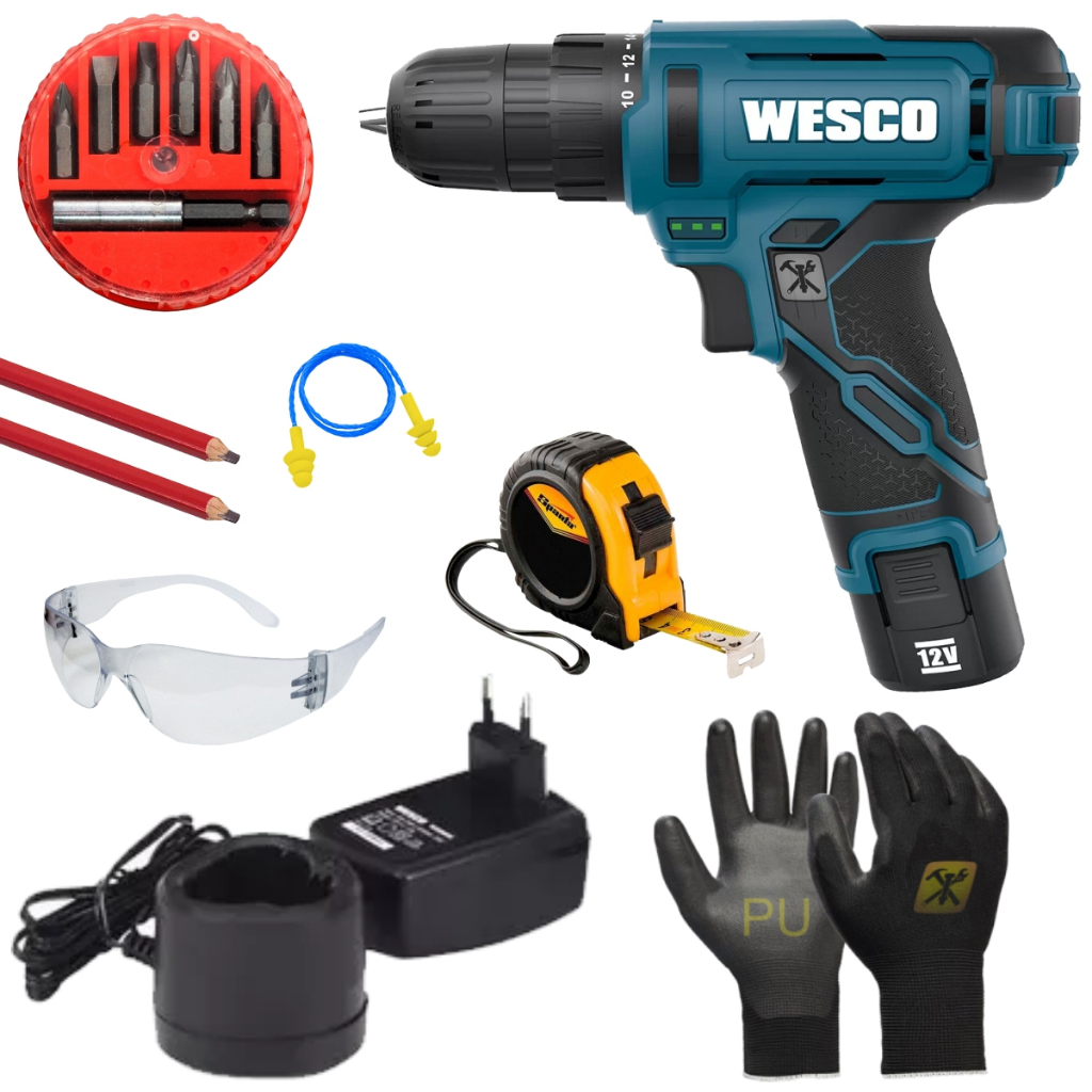 Parafusadeira Furadeira 10mm 12v Wesco Bivolt Ws2556 Com Kit Bit