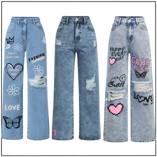 Kit 3 Calças Jeans Wide Leg Menina Infantil e Juvenil