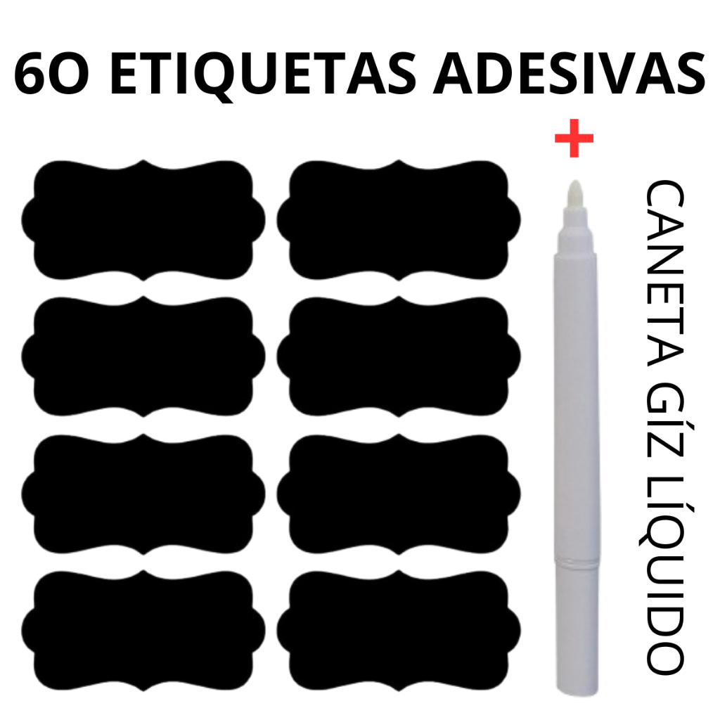60 Etiquetas Adesivas Lousa 4x2cm + Caneta Giz Líquido de BRIND Pote Porta Tempero Envio em até 24h