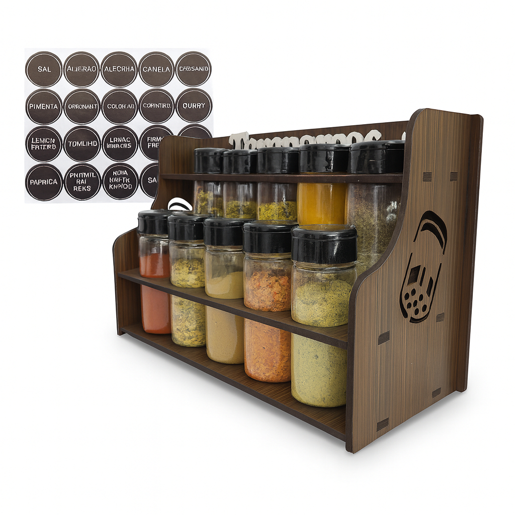 Porta Temperos Madeira Imbuia 10 Potes Plástico + Etiquetas Organização Cozinha