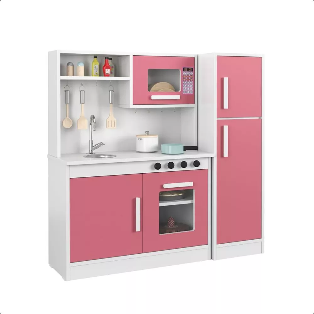 Kit Mini Cozinha Infantil Com Geladeira Encanto Lançamento Luxo Cor: Branco/Rosa
