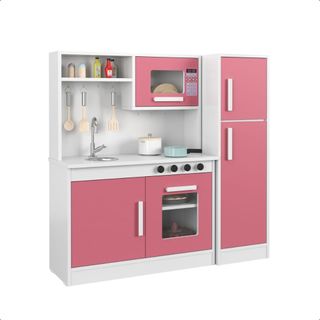 Kit Mini Cozinha Infantil Com Geladeira Encanto Lançamento Luxo Cor: Branco/Rosa