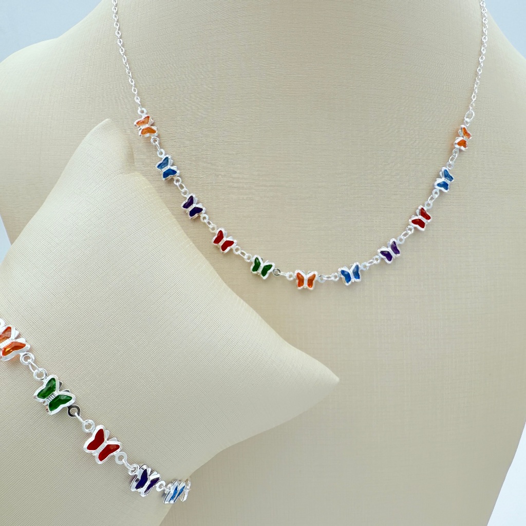 Conjunto de colar e pulseira de borboleta colorida banhado e ouro 18k a prata 925 feminina