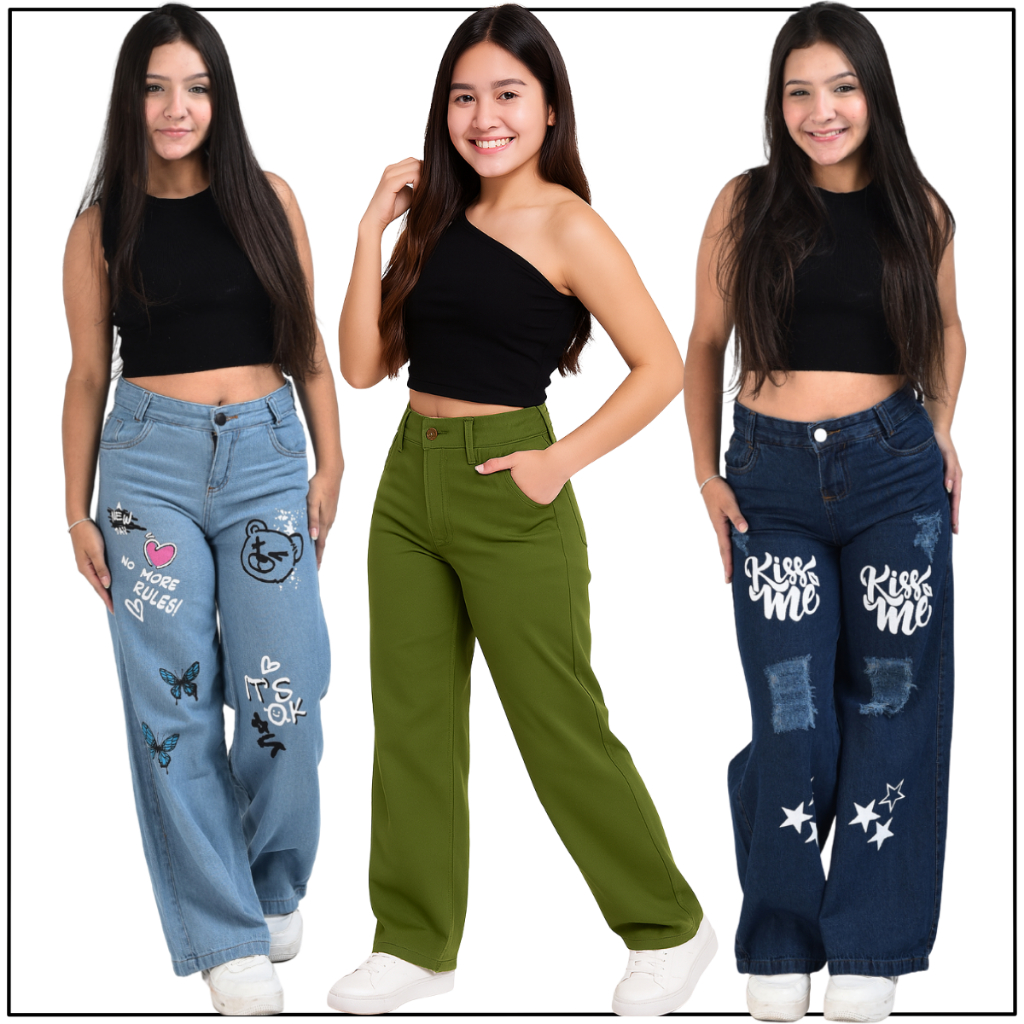 Kit 3 Calças Jeans Wide Leg Para Meninas Infantil e Juvenil 8 ao 16