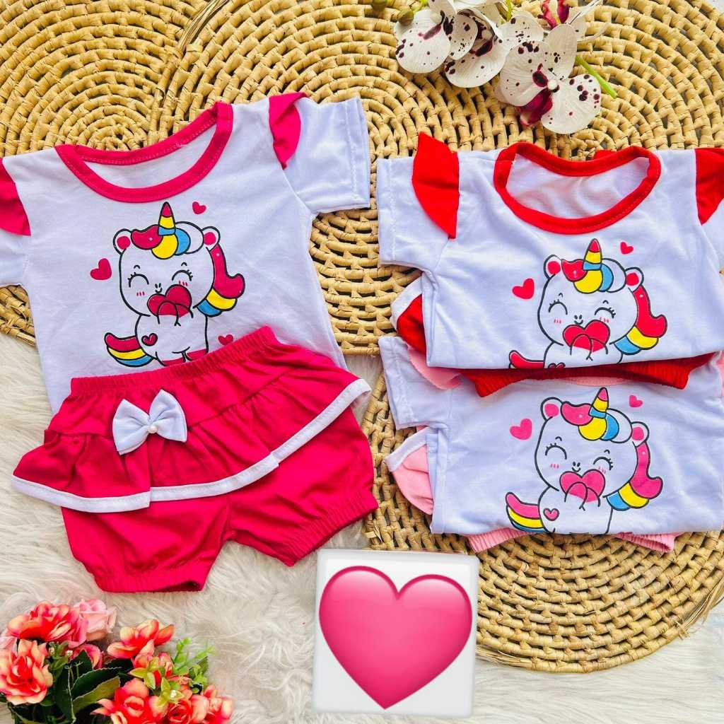 Roupas Bebê Menina Verão – Kit Shorts e Camiseta temática unicórnio luxo 3 a 6 meses