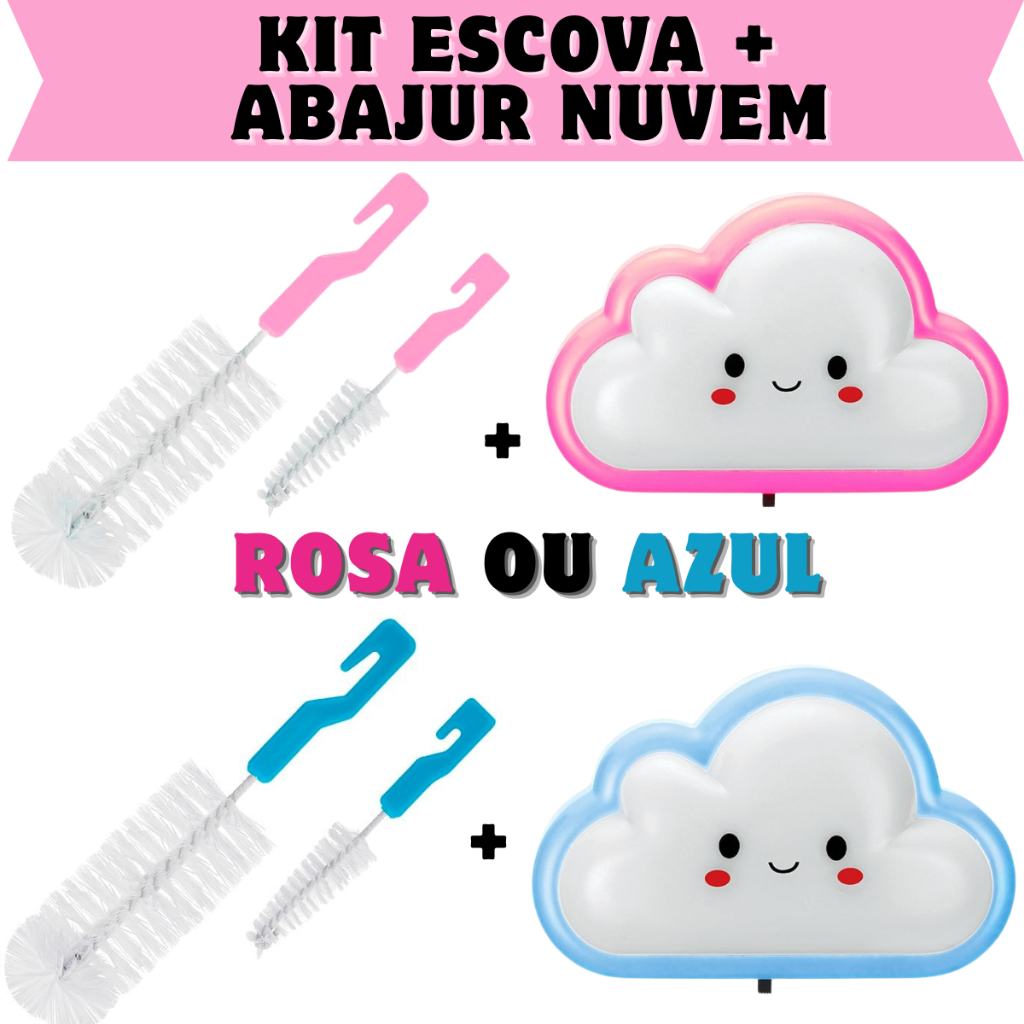 Kit Escova Limpa Mamadeira 2 em 1 + Abajur Infantil Nuvem LED Bivolt