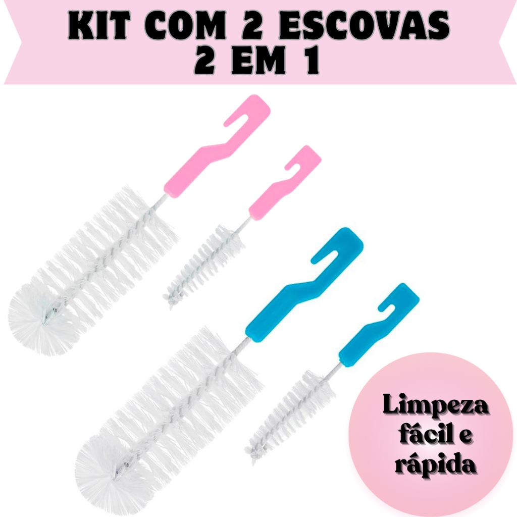Kit 2 Escovas Limpa Mamadeira 2 em 1 | Escova de Limpeza para Bico, Garrafa, Copo e Taça