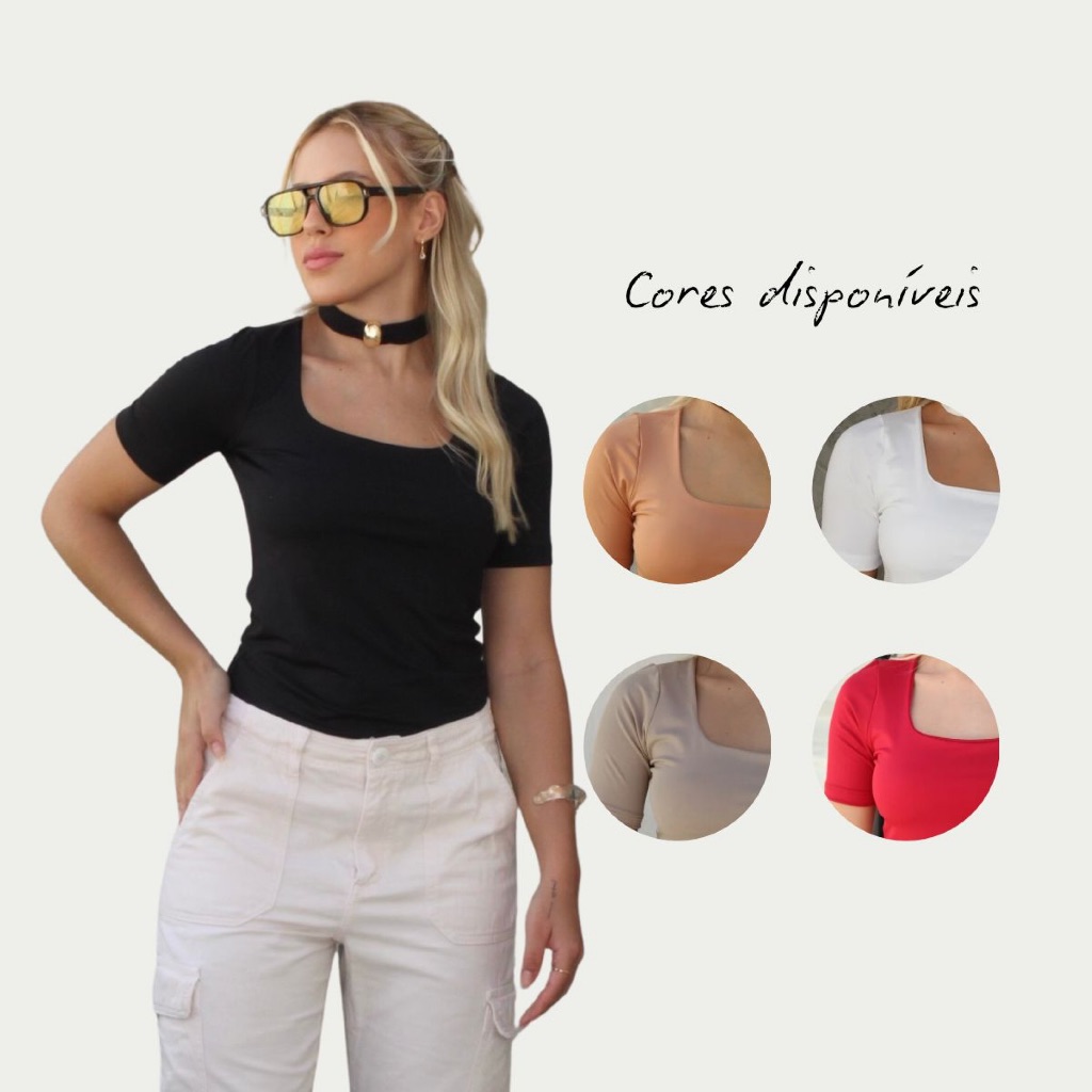 KIT 5 Blusas Decote Quadrado em Promoção Baby look Manga Curta Moda Casual Versátil Blogueira Elegante Chic