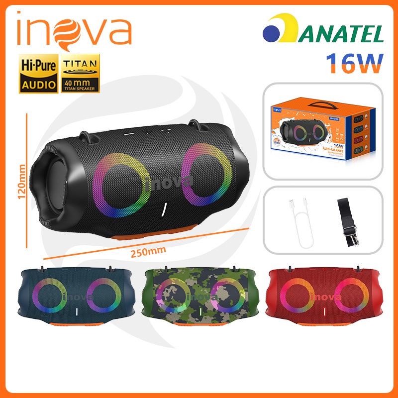 Inova Caixa de Som Bluetooth Portátil 16W TWS Caixinha de Som com RGB FM IPX6 Som Estéreo Graves Intensos, md12706