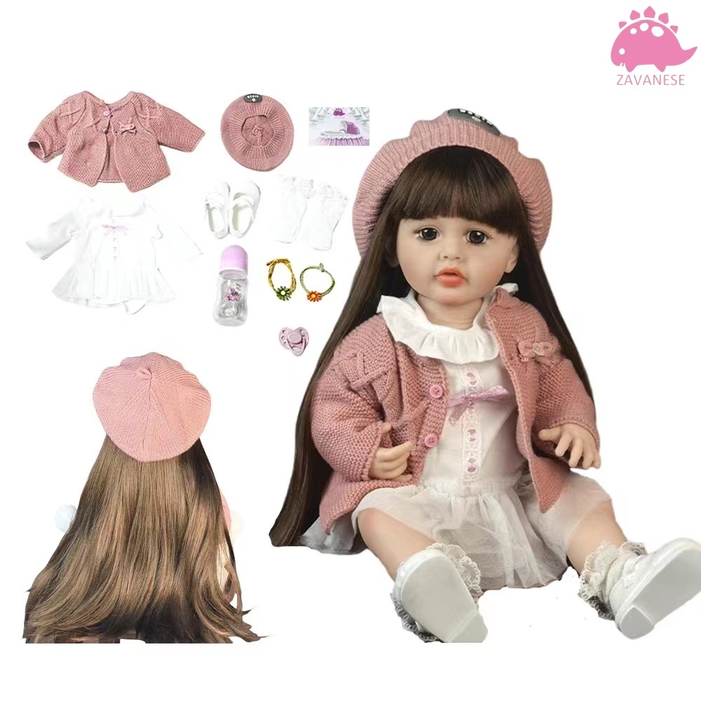 Boneca reborn do corpo completo do bebe silicone macio flexível membros cabelo bonito longo presente ZAVANESE em Oferta na Shopee